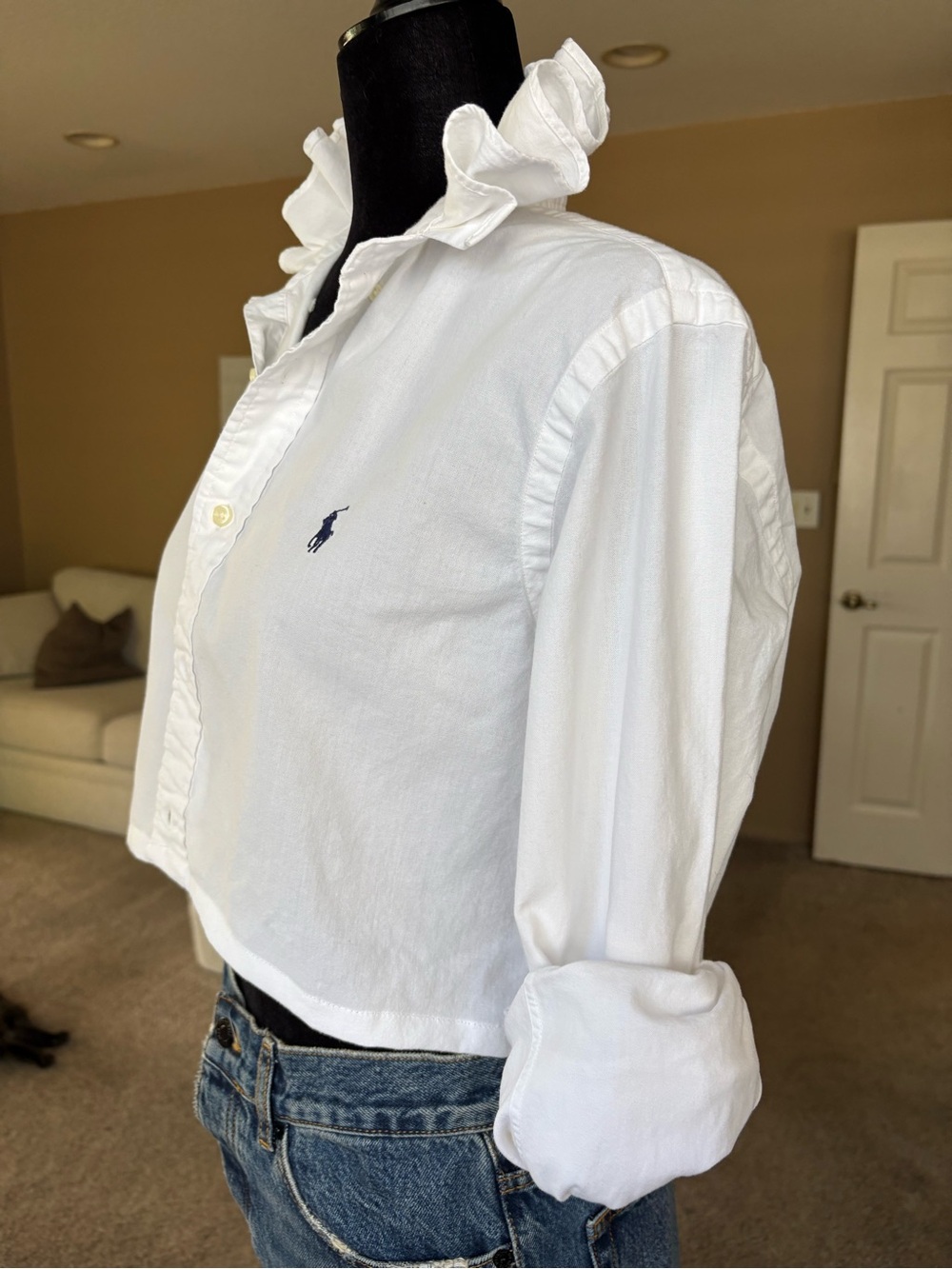 Reworked Cropped Ralph Lauren Ruffle Collar Button Down Size S - Picture 4 of 12